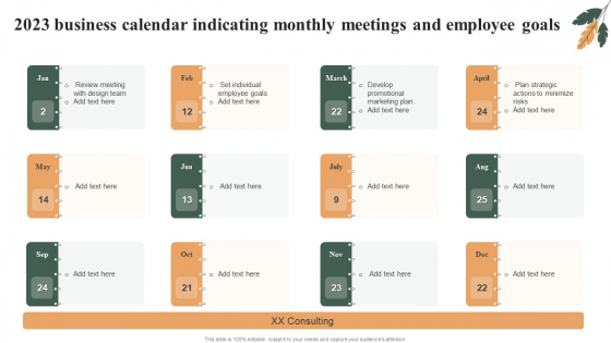 2023 Business Calendar Indicating Monthly Meetings And Employee Goals Template PDF