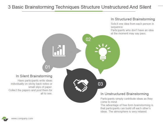 3 Basic Brainstorming Techniques Structure Unstructured And Silent Ppt PowerPoint Presentation Model Background Designs 3 Basic Brainstorming Techniques Structure Unstructured And Silent Ppt PowerPoint Presentation Model Background Designs