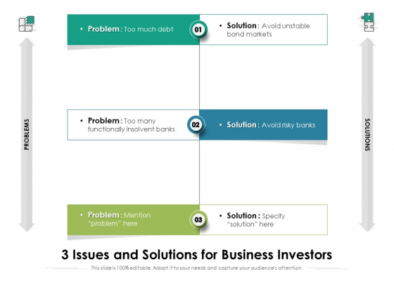 3 Issues And Solutions For Business Investors Ppt PowerPoint Presentation Icon Example PDF