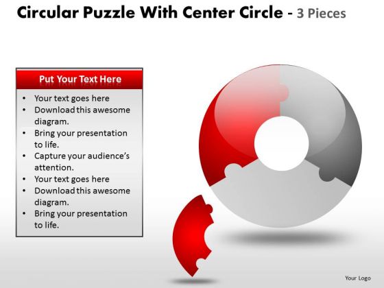 3 circular puzzle with center circle and 3 pieces powerpoint slides