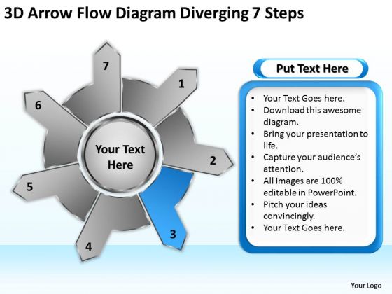 3d Arrow Flow Diagram Diverging 7 Steps Gear PowerPoint Templates