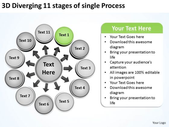 3d Diverging 11 Stages Of Single Process Pie Diagram PowerPoint Templates