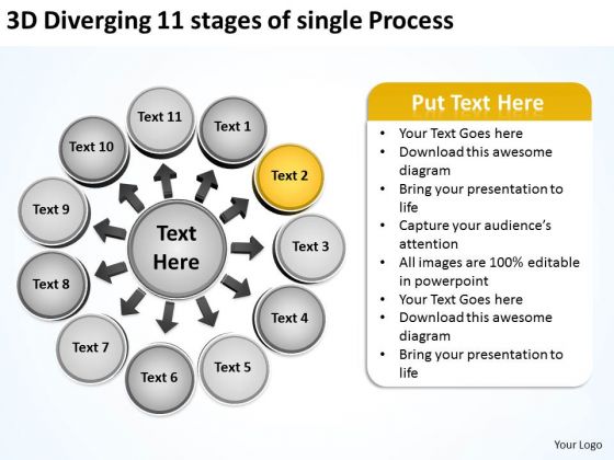 3d Diverging 11 Stages Of Single Process Ppt Pie Diagram PowerPoint Templates