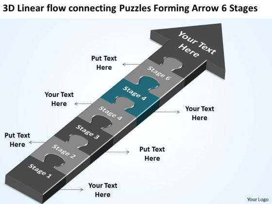 3d Linear Flow Connecting Puzzles Forming Arrow 6 Stages Busniess Plan PowerPoint Slides