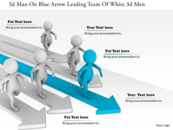 3d man on blue arrow leading team of white 3d men 1