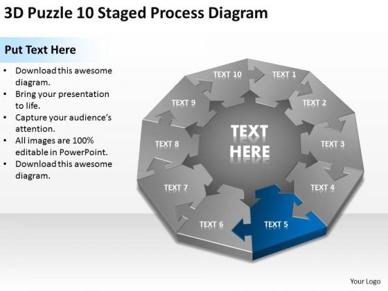 3d Puzzle 10 Staged Process Diagram Ppt Business Plan Outline Template Free PowerPoint Slides