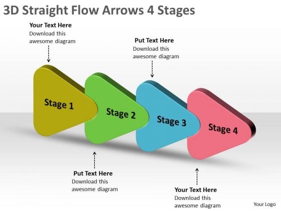 3d Straight Flow Arrows 4 Stages Flowchart PowerPoint Free Slides