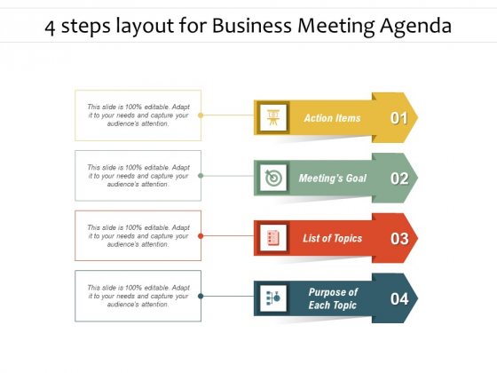 4 Steps Layout For Business Meeting Agenda Ppt PowerPoint Presentation Pictures Slide PDF