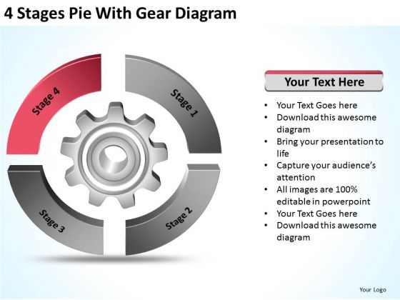 4 Stages Pie With Gear Diagram Ppt Business Plan PowerPoint Slides