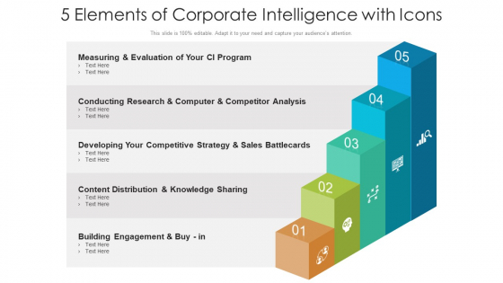 5 Elements Of Corporate Intelligence With Icons Ppt Slides Samples PDF