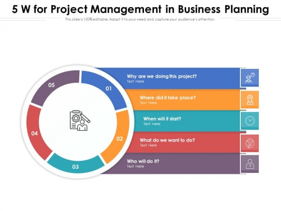 5 W For Project Management In Business Planning Ppt PowerPoint Presentation Gallery Graphics PDF