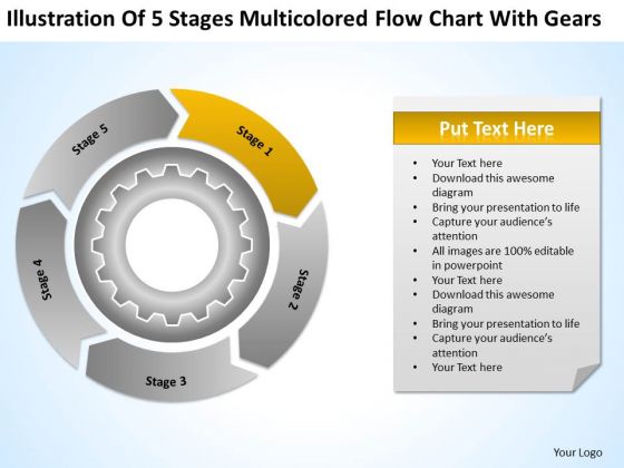 5 Stages Flow Chart With Gears Business Plan How To Write PowerPoint Templates