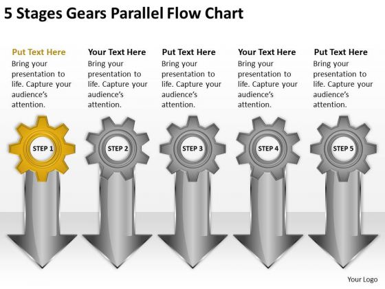5 Stages Gears Parallel Flow Chart Create Business Plan PowerPoint Slides