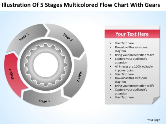 5 Stages Multicolored Flow Chart With Gears Laundromat Business Plan PowerPoint Slides