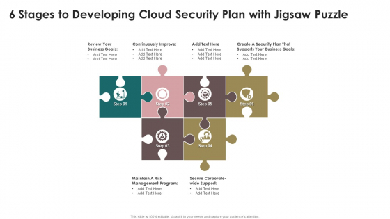 6 Stages To Developing Cloud Security Plan With Jigsaw Puzzle Brochure PDF