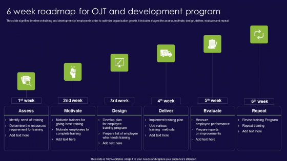 6 Week Roadmap For OJT And Development Program Ppt Portfolio Smartart PDF