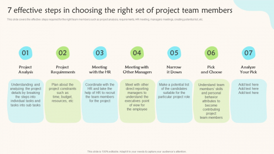 7 Effective Steps In Choosing The Right Set Of Project Team Members Teams Working Towards A Shared Objective Infographics PDF