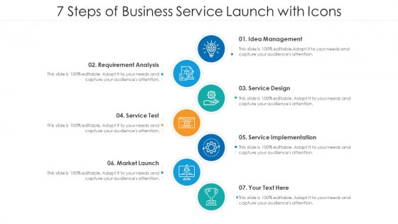 7 Steps Of Business Service Launch With Icons Ppt PowerPoint Presentation Icon Portfolio PDF