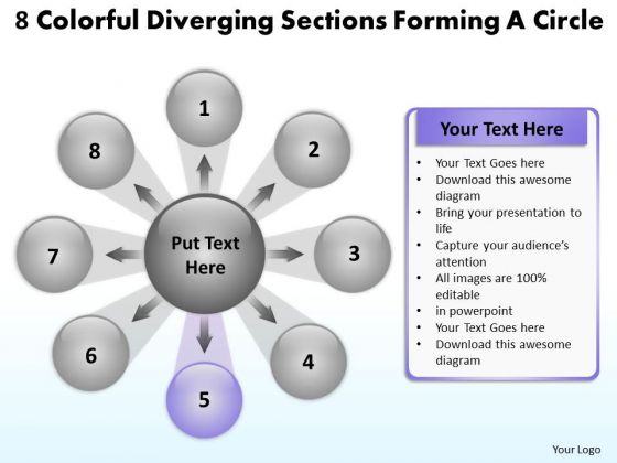 8 Colorful Diverging Sections Forming A Circle Cycle Process PowerPoint Slides