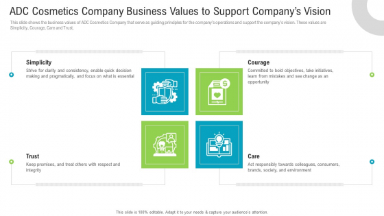 ADC Cosmetics Company Business Values To Support Companys Vision Inspiration PDF