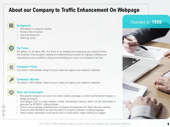 About Our Company To Traffic Enhancement On Webpage Ppt PowerPoint Presentation Professional Design Ideas PDF