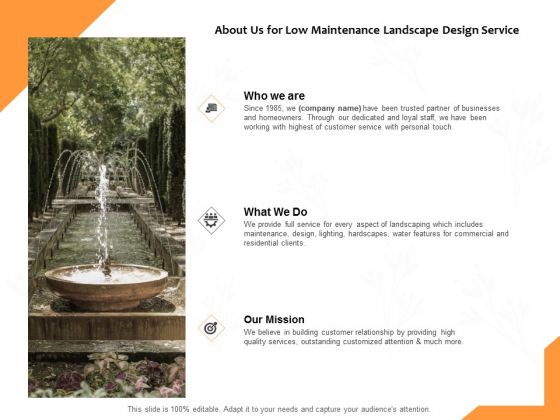 About Us For Low Maintenance Landscape Design Service Ppt PowerPoint Presentation Professional Maker