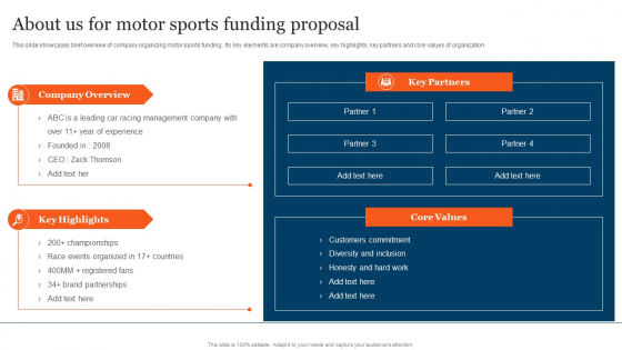 About Us For Motor Sports Funding Proposal Demonstration PDF