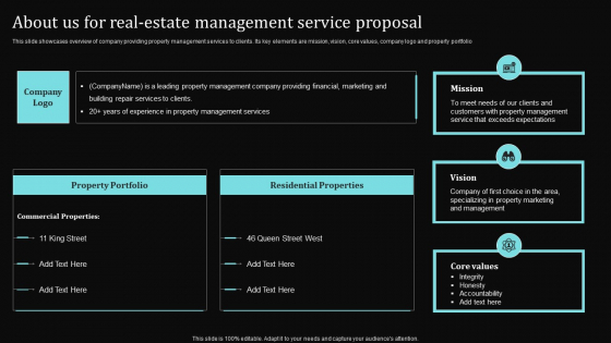 About Us For Real Estate Management Service Proposal Ppt Styles File Formats PDF