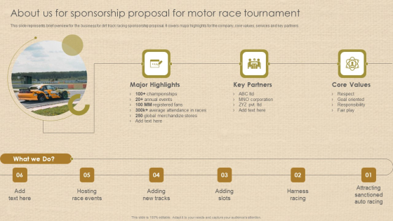 About Us For Sponsorship Proposal For Motor Race Tournament Topics PDF