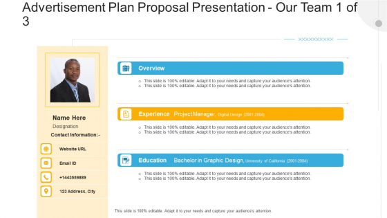 Advertisement Plan Proposal Presentation Our Team Project Ppt Portfolio Portrait PDF