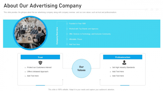 Advertising Pitch Deck About Our Advertising Company Ppt Outline Slideshow PDF