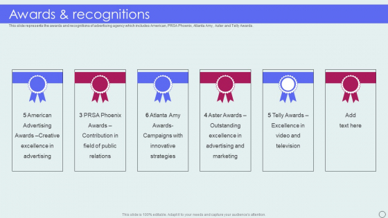 Advertising Solutions Company Details Awards And Recognitions Ppt Icon Layouts PDF