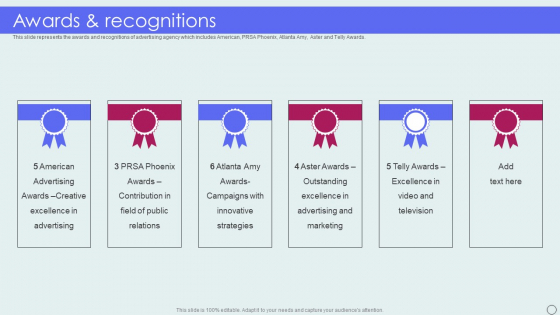 Advertising Solutions Company Details Awards And Recognitions Ppt Icon Layouts PDF Advertising Solutions Company Details Awards And Recognitions Ppt Icon Layouts PDF