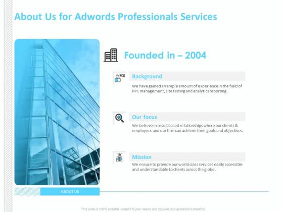Adwords PPC About Us For Adwords Professionals Services Ppt Slides Graphics Example PDF Adwords PPC About Us For Adwords Professionals Services Ppt Slides Graphics Example PDF