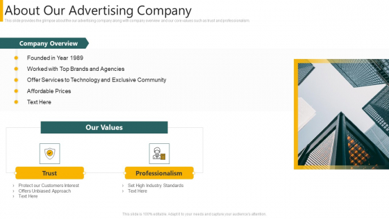 Agency Pitch Deck PPT About Our Advertising Company Ppt Samples PDF