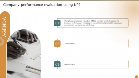 Agenda Company Performance Evaluation Using KPI Designs PDF Agenda Company Performance Evaluation Using KPI Designs PDF
