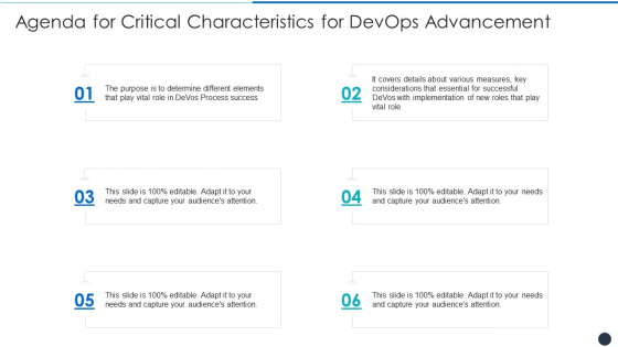 Agenda For Critical Characteristics For Devops Advancement Portrait PDF Agenda For Critical Characteristics For Devops Advancement Portrait PDF