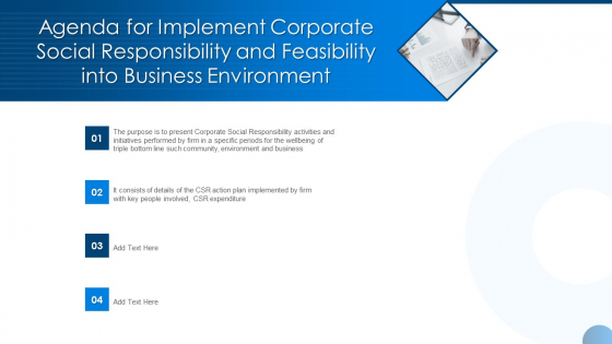 Agenda For Implement Corporate Social Responsibility Feasibility Business Environment Ppt Pictures Graphics Example PDF