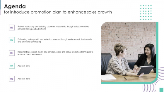 Agenda For Introduce Promotion Plan To Enhance Sales Growth Demonstration PDF