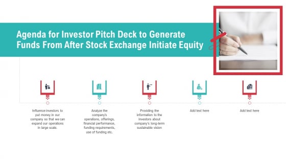 Agenda For Investor Pitch Deck To Generate Funds From After Stock Exchange Initiate Equity Download PDF Agenda For Investor Pitch Deck To Generate Funds From After Stock Exchange Initiate Equity Download PDF