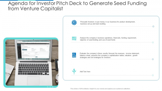 Agenda For Investor Pitch Deck To Generate Seed Funding From Venture Capitalist Ppt Show Smartart PDF Agenda For Investor Pitch Deck To Generate Seed Funding From Venture Capitalist Ppt Show Smartart PDF