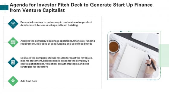 Agenda For Investor Pitch Deck To Generate Start Up Finance From Venture Capitalist Background PDF Agenda For Investor Pitch Deck To Generate Start Up Finance From Venture Capitalist Background PDF