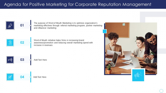 Agenda For Positive Marketing For Corporate Reputation Management Portrait PDF