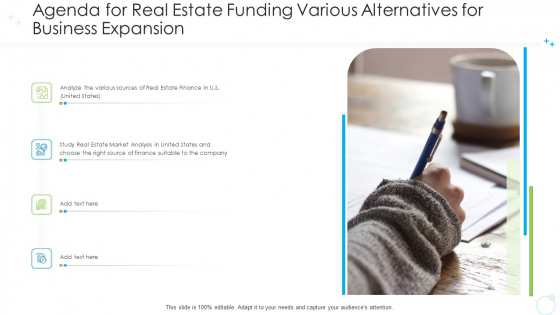 Agenda For Real Estate Funding Various Alternatives For Business Expansion Ppt Portfolio Display PDF Agenda For Real Estate Funding Various Alternatives For Business Expansion Ppt Portfolio Display PDF