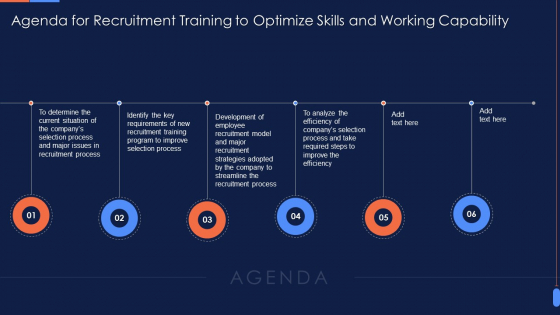 Agenda For Recruitment Training To Optimize Skills And Working Capability Formats PDF