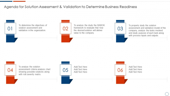 Agenda For Solution Assessment And Validation To Determine Business Readiness Download PDF