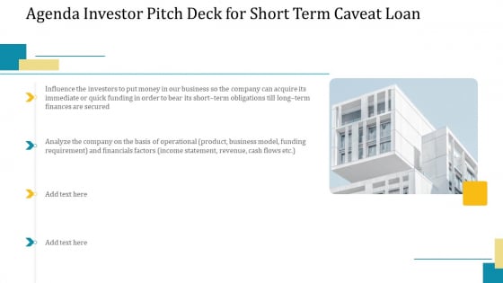 Agenda Investor Pitch Deck For Short Term Caveat Loan Ppt Show Inspiration PDF Agenda Investor Pitch Deck For Short Term Caveat Loan Ppt Show Inspiration PDF