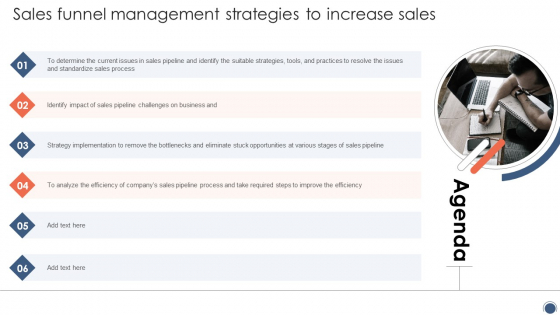 Agenda Sales Funnel Management Strategies To Increase Sales Icons PDF
