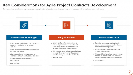Agile Project Expenses Projection IT Key Considerations For Agile Project Contracts Development Diagrams PDF