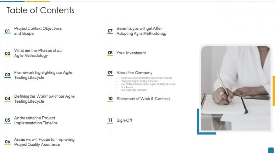 Agile Software Development Proposal Table Of Contents Icons PDF